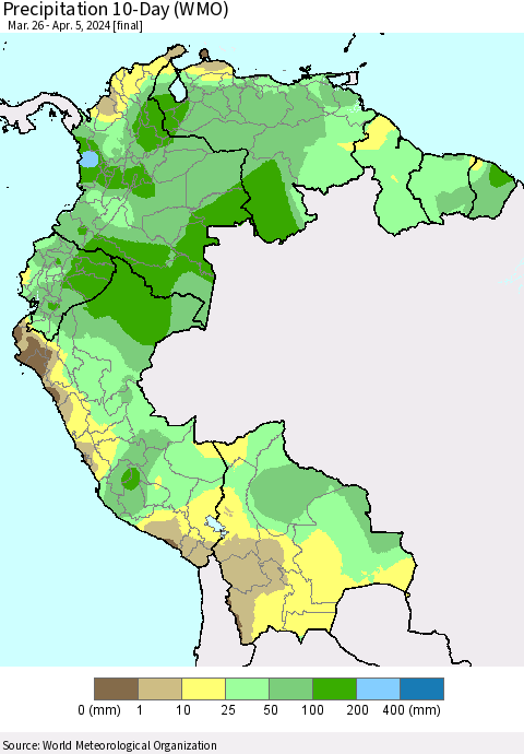 Northern South America Precipitation 10-Day (WMO) Thematic Map For 3/26/2024 - 4/5/2024