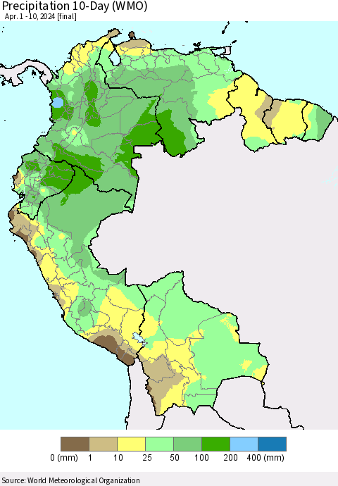 Northern South America Precipitation 10-Day (WMO) Thematic Map For 4/1/2024 - 4/10/2024