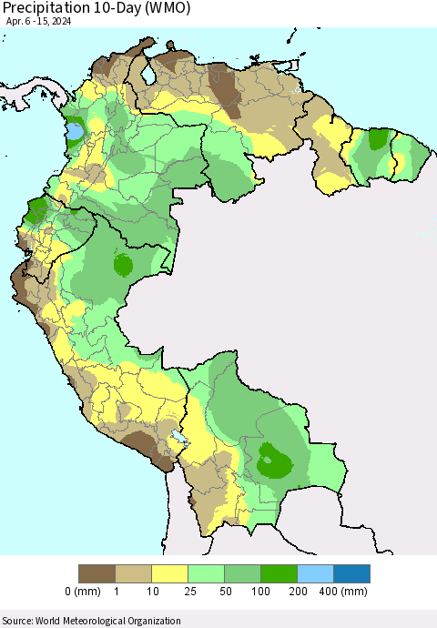Northern South America Precipitation 10-Day (WMO) Thematic Map For 4/6/2024 - 4/15/2024