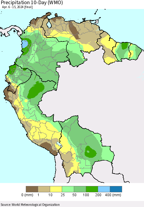 Northern South America Precipitation 10-Day (WMO) Thematic Map For 4/6/2024 - 4/15/2024