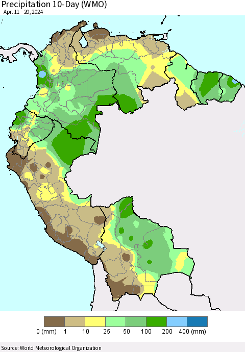 Northern South America Precipitation 10-Day (WMO) Thematic Map For 4/11/2024 - 4/20/2024