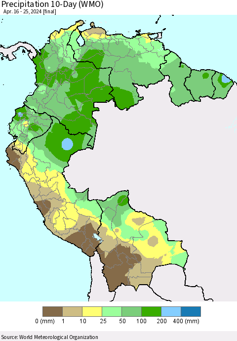 Northern South America Precipitation 10-Day (WMO) Thematic Map For 4/16/2024 - 4/25/2024