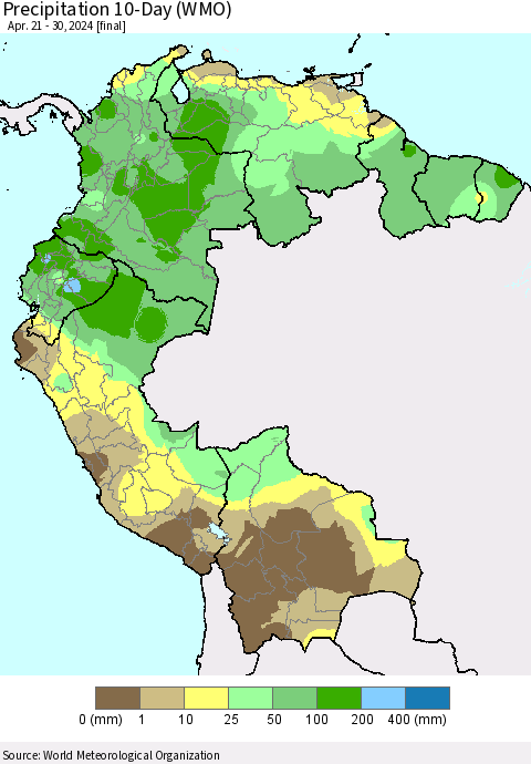 Northern South America Precipitation 10-Day (WMO) Thematic Map For 4/21/2024 - 4/30/2024