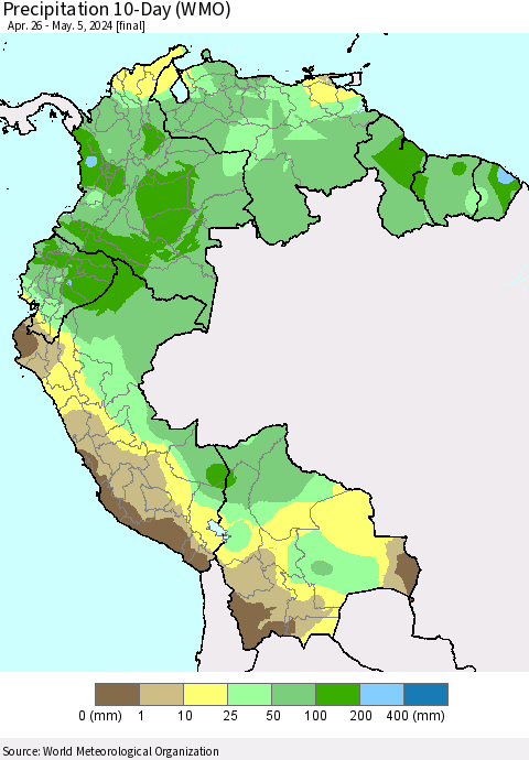 Northern South America Precipitation 10-Day (WMO) Thematic Map For 4/26/2024 - 5/5/2024