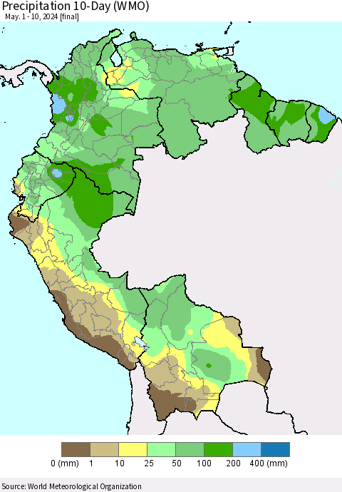 Northern South America Precipitation 10-Day (WMO) Thematic Map For 5/1/2024 - 5/10/2024