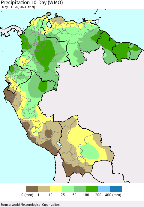 Northern South America Precipitation 10-Day (WMO) Thematic Map For 5/11/2024 - 5/20/2024