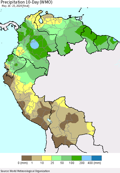Northern South America Precipitation 10-Day (WMO) Thematic Map For 5/16/2024 - 5/25/2024