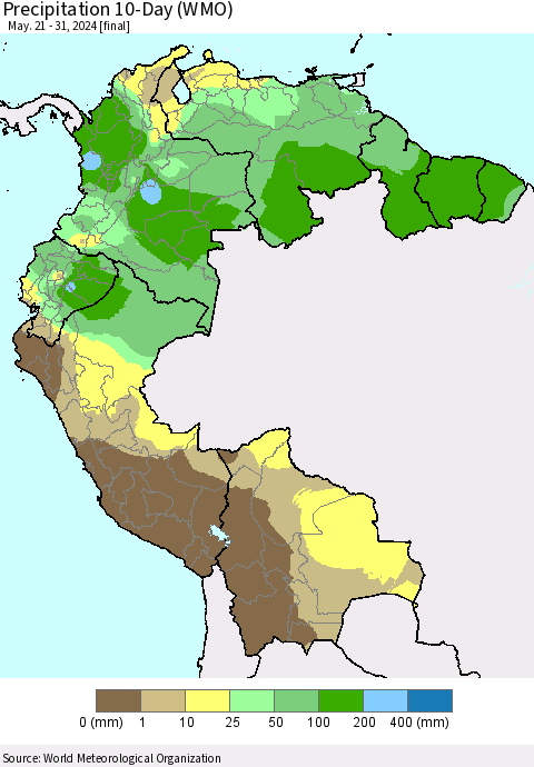 Northern South America Precipitation 10-Day (WMO) Thematic Map For 5/21/2024 - 5/31/2024