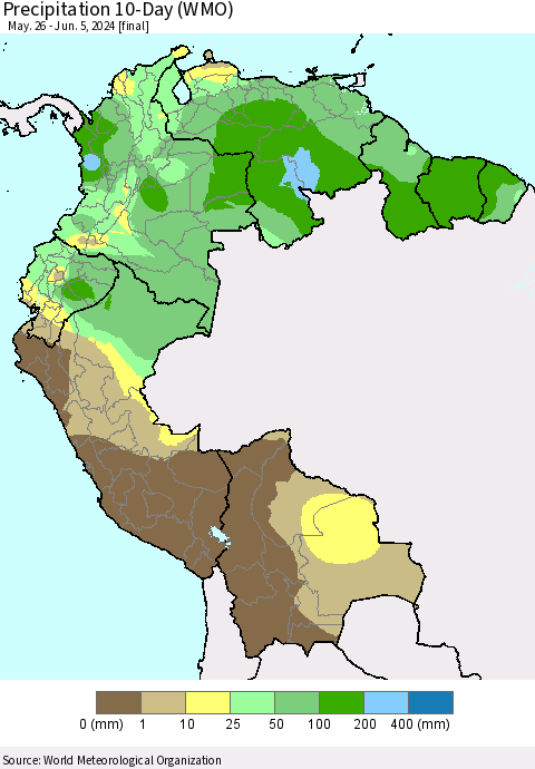 Northern South America Precipitation 10-Day (WMO) Thematic Map For 5/26/2024 - 6/5/2024