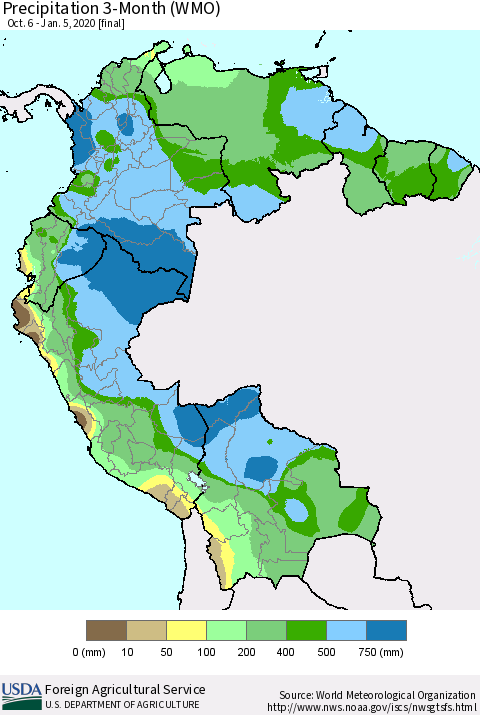 Northern South America Precipitation 3-Month (WMO) Thematic Map For 10/6/2019 - 1/5/2020