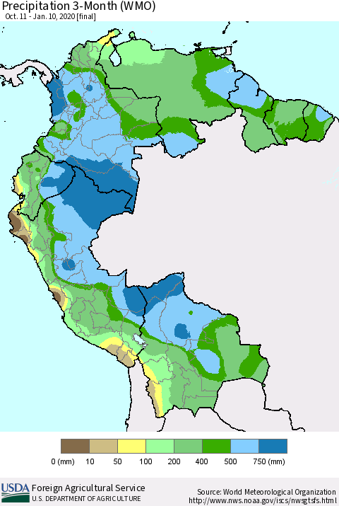 Northern South America Precipitation 3-Month (WMO) Thematic Map For 10/11/2019 - 1/10/2020