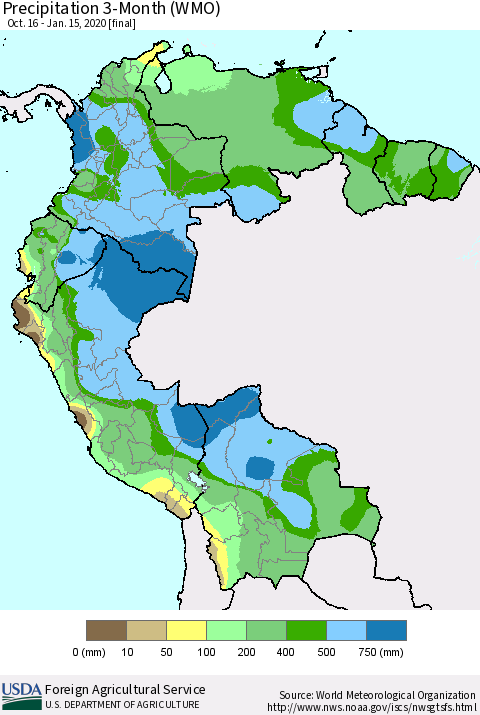 Northern South America Precipitation 3-Month (WMO) Thematic Map For 10/16/2019 - 1/15/2020