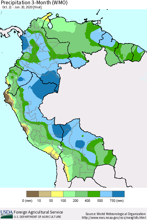 Northern South America Precipitation 3-Month (WMO) Thematic Map For 10/21/2019 - 1/20/2020