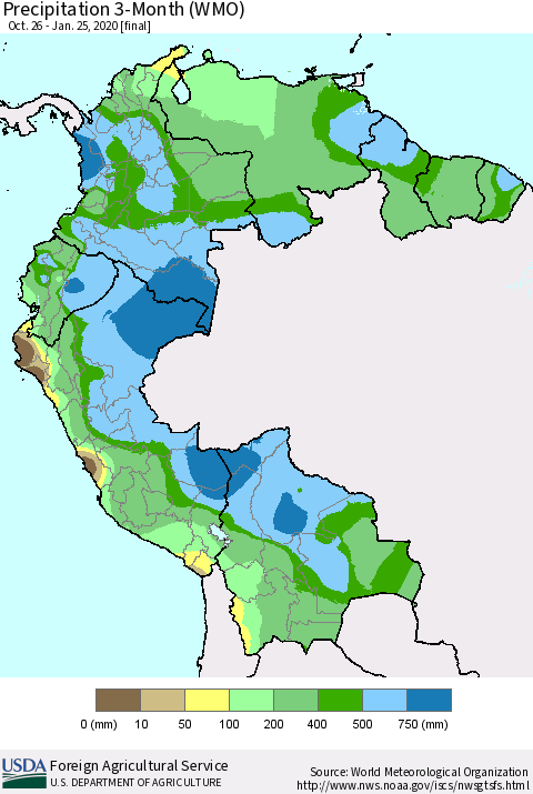 Northern South America Precipitation 3-Month (WMO) Thematic Map For 10/26/2019 - 1/25/2020