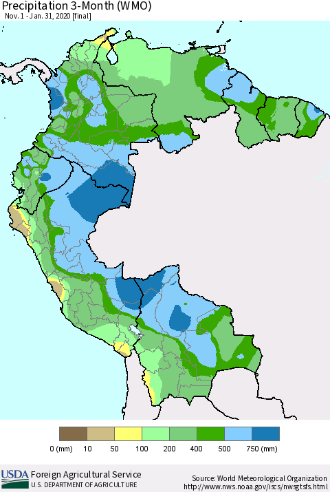 Northern South America Precipitation 3-Month (WMO) Thematic Map For 11/1/2019 - 1/31/2020