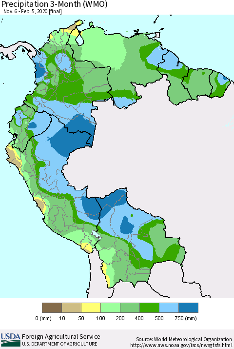 Northern South America Precipitation 3-Month (WMO) Thematic Map For 11/6/2019 - 2/5/2020