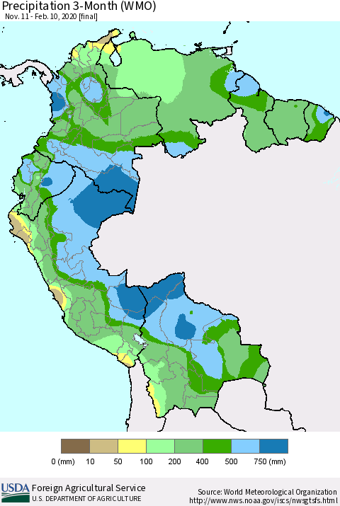 Northern South America Precipitation 3-Month (WMO) Thematic Map For 11/11/2019 - 2/10/2020