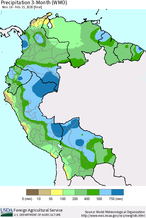 Northern South America Precipitation 3-Month (WMO) Thematic Map For 11/16/2019 - 2/15/2020