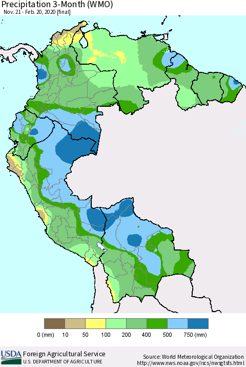 Northern South America Precipitation 3-Month (WMO) Thematic Map For 11/21/2019 - 2/20/2020