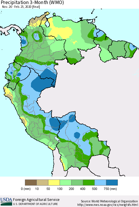 Northern South America Precipitation 3-Month (WMO) Thematic Map For 11/26/2019 - 2/25/2020