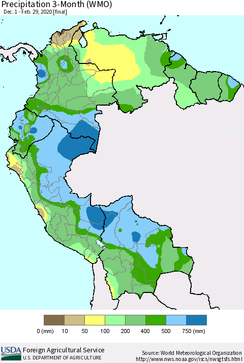 Northern South America Precipitation 3-Month (WMO) Thematic Map For 12/1/2019 - 2/29/2020