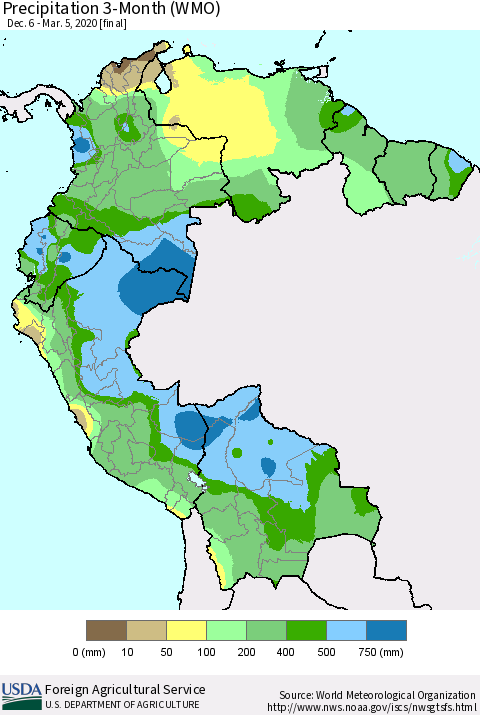 Northern South America Precipitation 3-Month (WMO) Thematic Map For 12/6/2019 - 3/5/2020