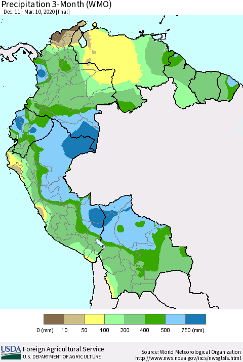 Northern South America Precipitation 3-Month (WMO) Thematic Map For 12/11/2019 - 3/10/2020