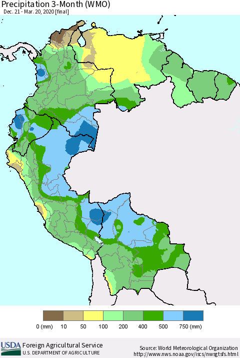 Northern South America Precipitation 3-Month (WMO) Thematic Map For 12/21/2019 - 3/20/2020