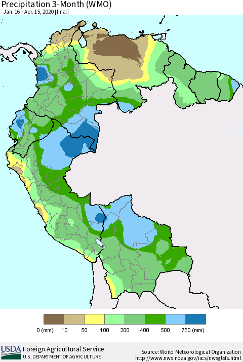 Northern South America Precipitation 3-Month (WMO) Thematic Map For 1/16/2020 - 4/15/2020