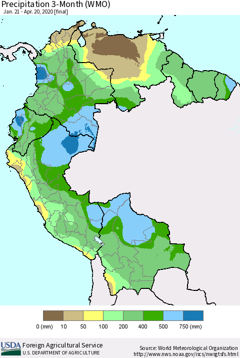 Northern South America Precipitation 3-Month (WMO) Thematic Map For 1/21/2020 - 4/20/2020