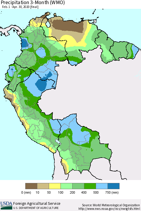 Northern South America Precipitation 3-Month (WMO) Thematic Map For 2/1/2020 - 4/30/2020