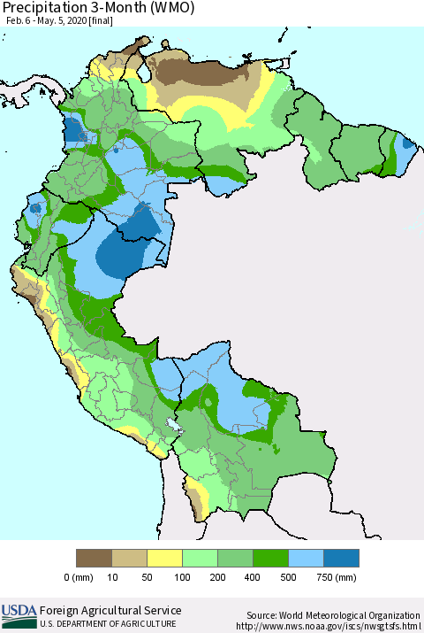 Northern South America Precipitation 3-Month (WMO) Thematic Map For 2/6/2020 - 5/5/2020