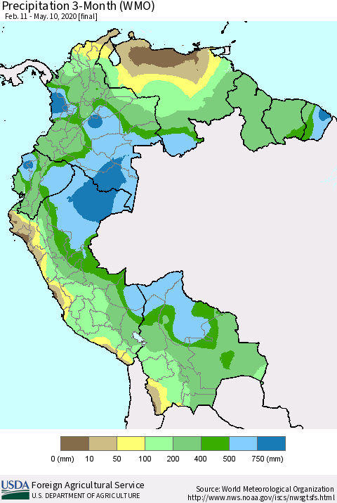 Northern South America Precipitation 3-Month (WMO) Thematic Map For 2/11/2020 - 5/10/2020