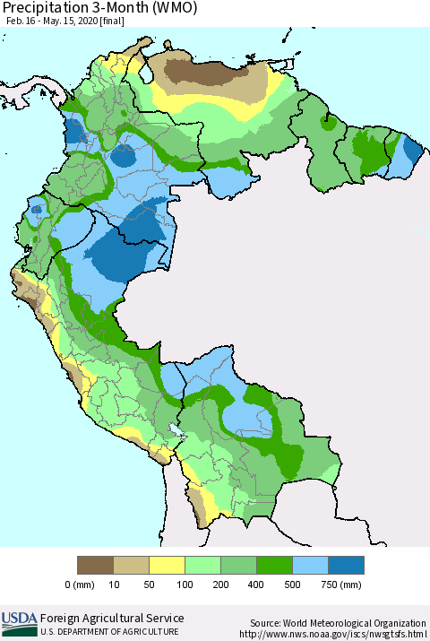 Northern South America Precipitation 3-Month (WMO) Thematic Map For 2/16/2020 - 5/15/2020