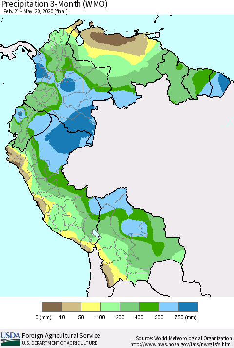 Northern South America Precipitation 3-Month (WMO) Thematic Map For 2/21/2020 - 5/20/2020