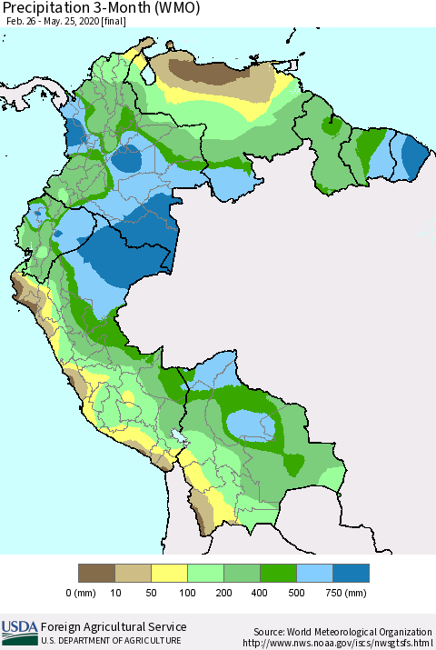 Northern South America Precipitation 3-Month (WMO) Thematic Map For 2/26/2020 - 5/25/2020