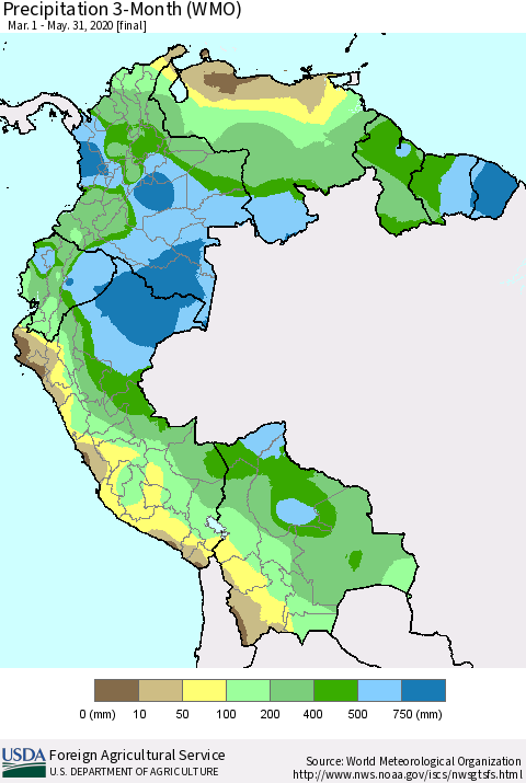 Northern South America Precipitation 3-Month (WMO) Thematic Map For 3/1/2020 - 5/31/2020