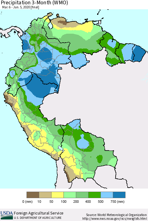 Northern South America Precipitation 3-Month (WMO) Thematic Map For 3/6/2020 - 6/5/2020
