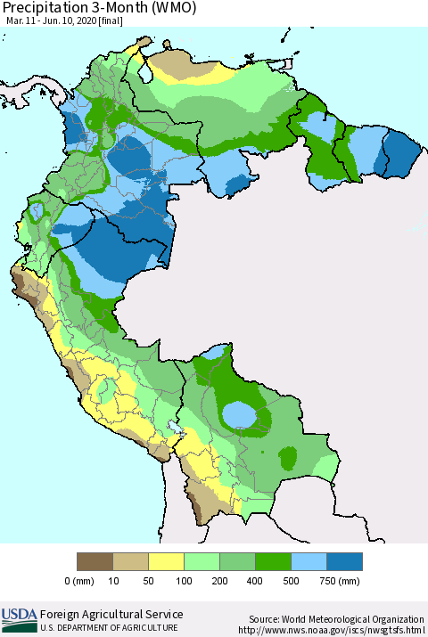 Northern South America Precipitation 3-Month (WMO) Thematic Map For 3/11/2020 - 6/10/2020