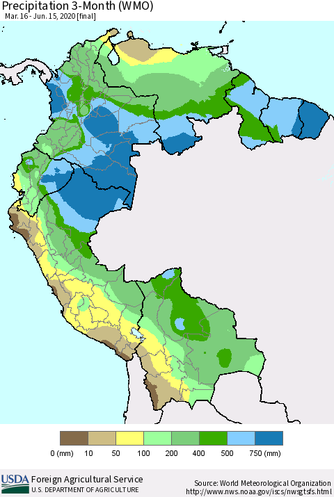 Northern South America Precipitation 3-Month (WMO) Thematic Map For 3/16/2020 - 6/15/2020