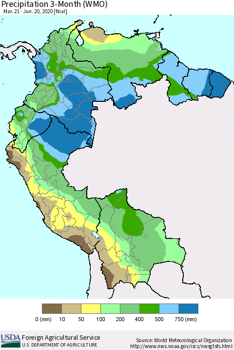 Northern South America Precipitation 3-Month (WMO) Thematic Map For 3/21/2020 - 6/20/2020