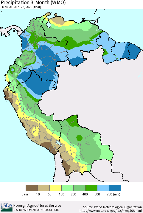 Northern South America Precipitation 3-Month (WMO) Thematic Map For 3/26/2020 - 6/25/2020
