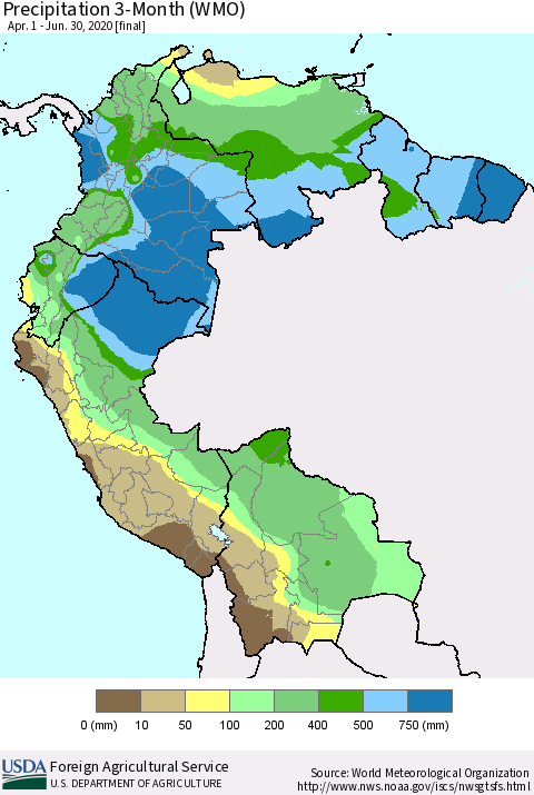 Northern South America Precipitation 3-Month (WMO) Thematic Map For 4/1/2020 - 6/30/2020