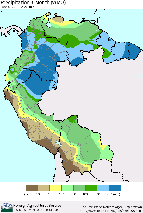 Northern South America Precipitation 3-Month (WMO) Thematic Map For 4/6/2020 - 7/5/2020