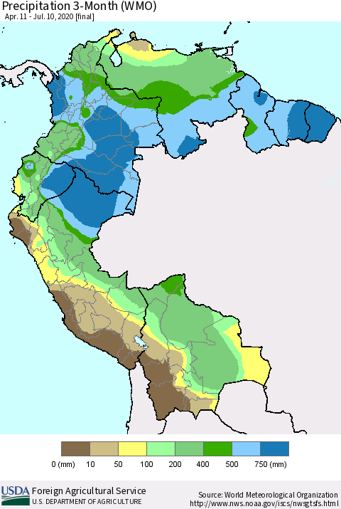 Northern South America Precipitation 3-Month (WMO) Thematic Map For 4/11/2020 - 7/10/2020