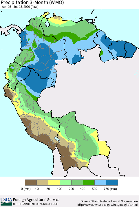 Northern South America Precipitation 3-Month (WMO) Thematic Map For 4/16/2020 - 7/15/2020