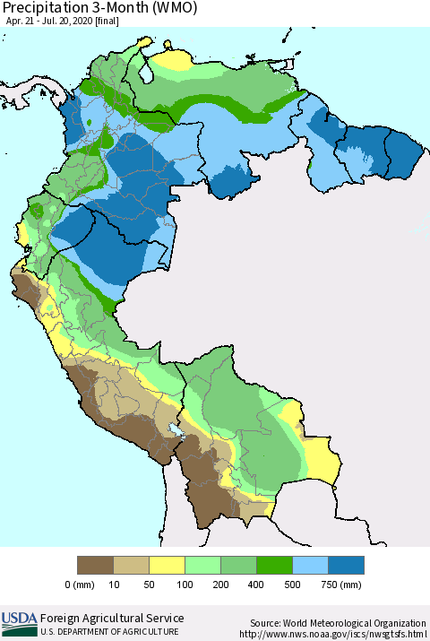 Northern South America Precipitation 3-Month (WMO) Thematic Map For 4/21/2020 - 7/20/2020