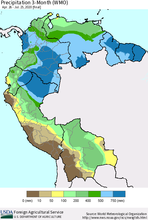 Northern South America Precipitation 3-Month (WMO) Thematic Map For 4/26/2020 - 7/25/2020