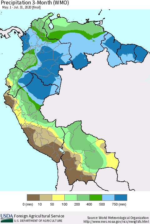 Northern South America Precipitation 3-Month (WMO) Thematic Map For 5/1/2020 - 7/31/2020