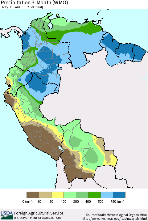 Northern South America Precipitation 3-Month (WMO) Thematic Map For 5/11/2020 - 8/10/2020